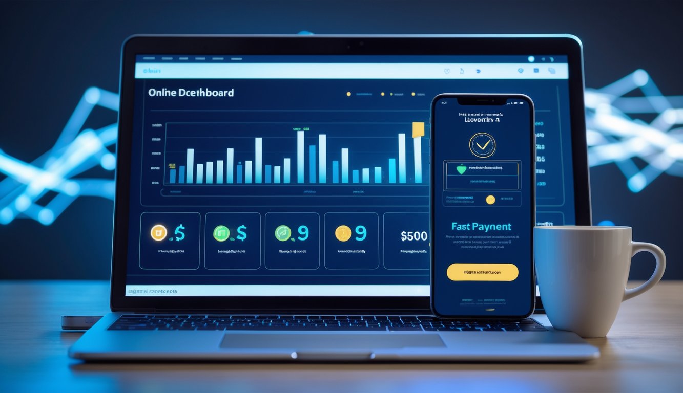 Meja kerja modern dengan laptop dan ponsel yang menampilkan layar pembayaran cepat dan grafik cashback, dengan suasana yang profesional dan terang.