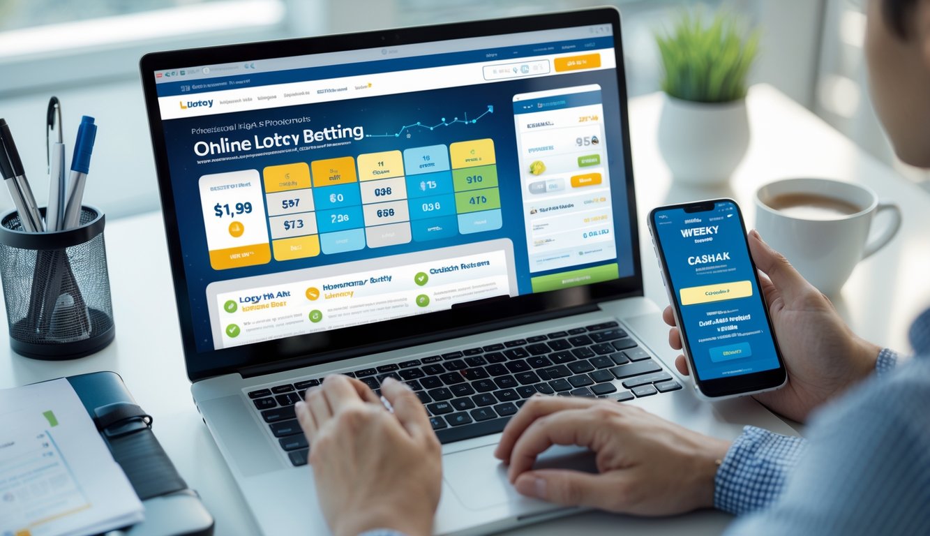 Seseorang menggunakan laptop dan smartphone di meja kerja dengan suasana cerah, menampilkan konsep taruhan togel online dan cashback mingguan.