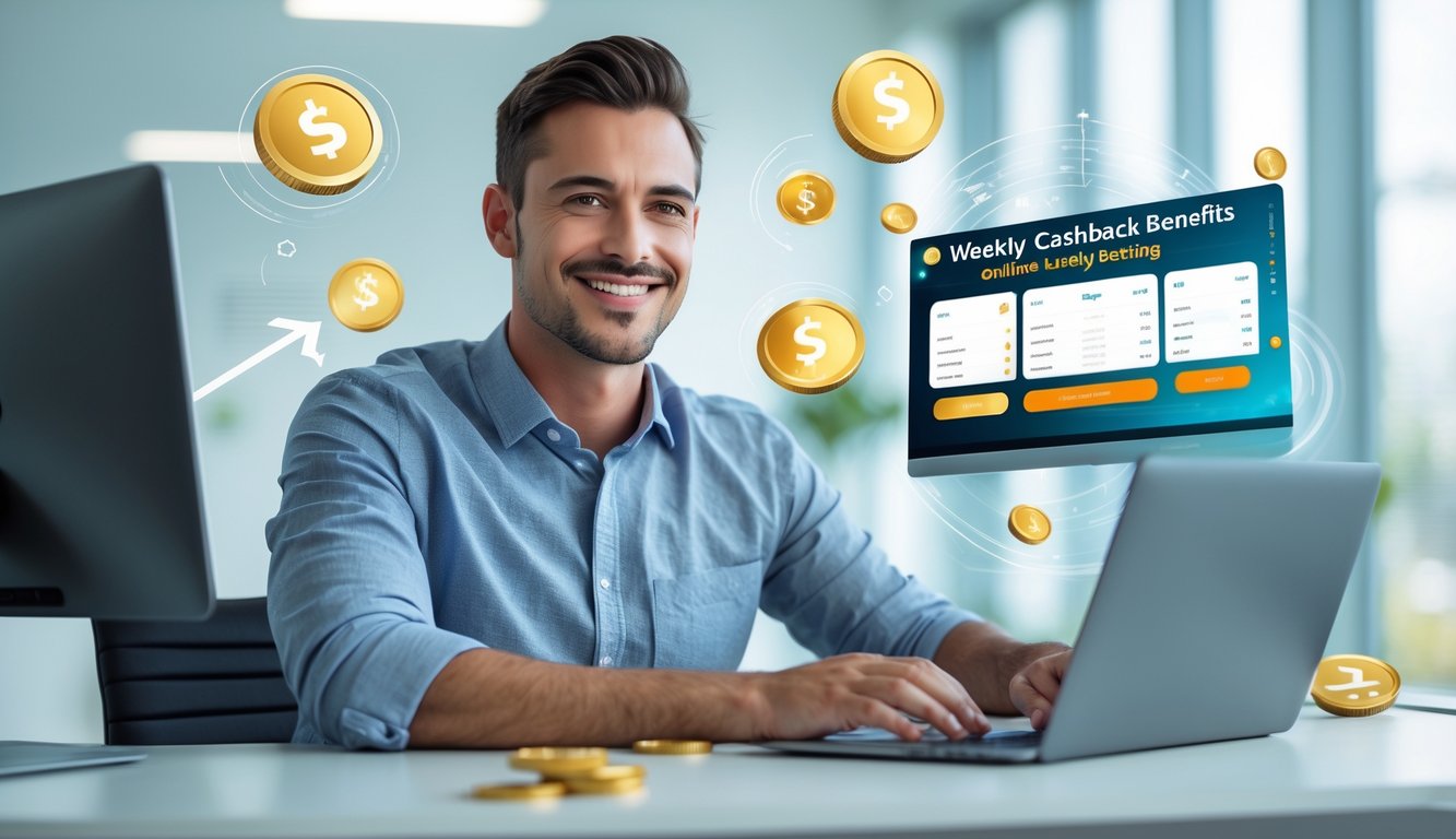 Seorang pria tersenyum duduk di depan laptop di kantor modern dengan latar belakang simbol cashback dan koin digital.