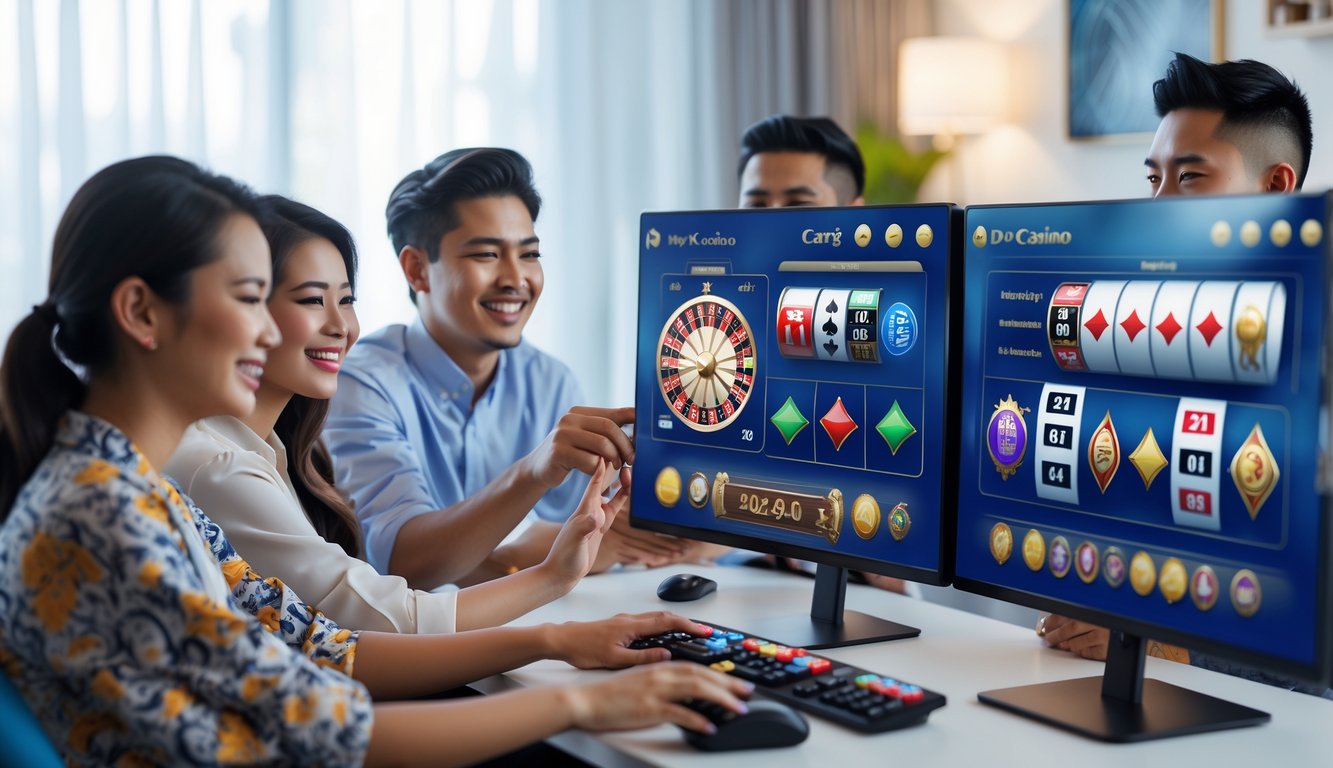 Sekelompok orang muda bermain permainan kasino online di layar komputer dalam ruangan yang terang dan nyaman.