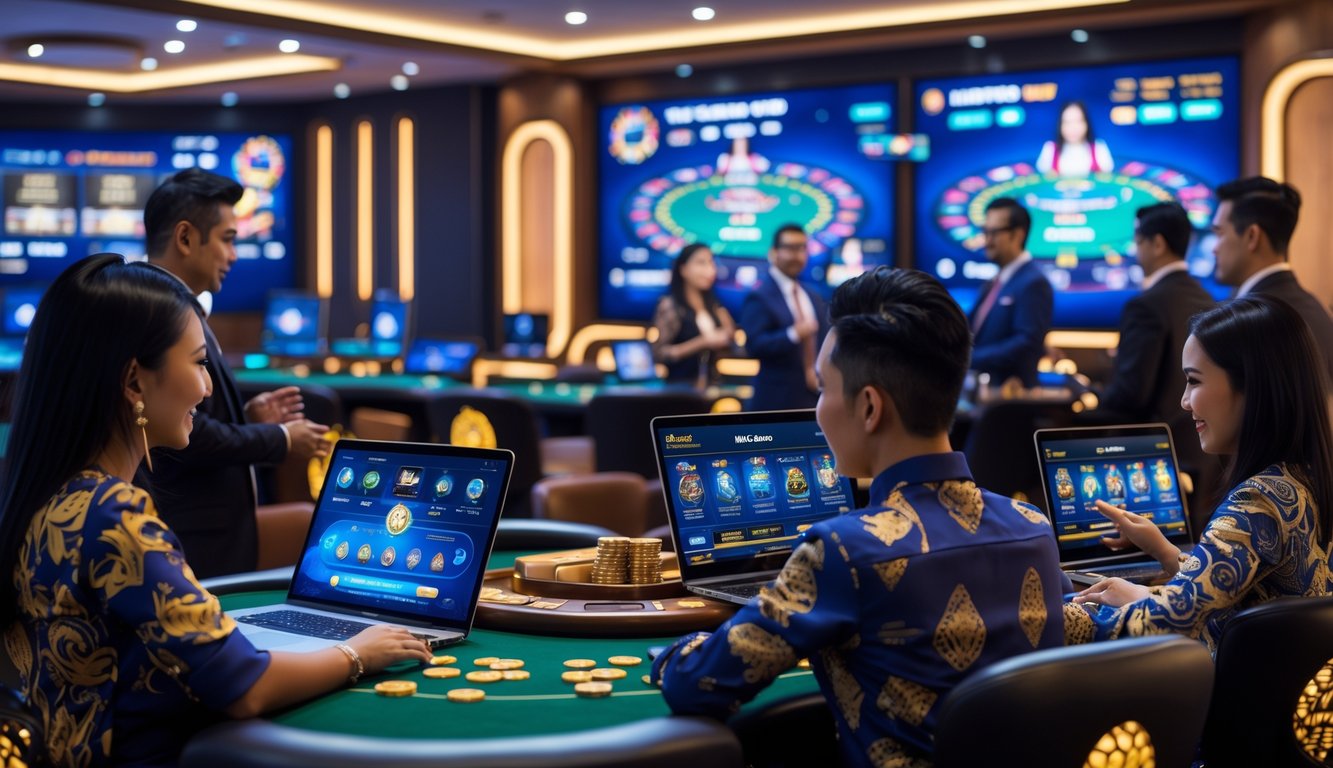 Sejumlah pemain Indonesia sedang bermain kasino langsung secara online menggunakan berbagai perangkat digital di lingkungan kasino modern dengan dealer profesional.