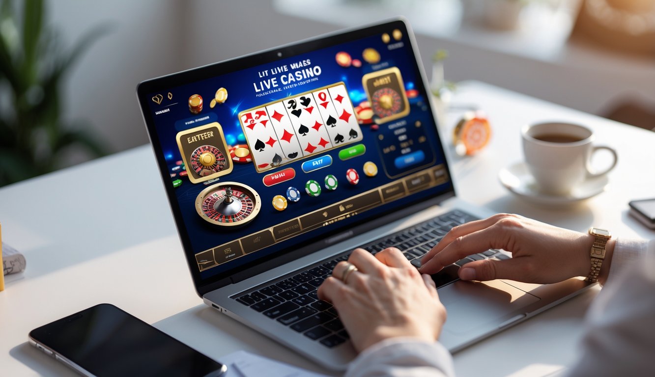 Seseorang menggunakan laptop untuk bermain kasino langsung online dengan dealer dan permainan kartu di layar.