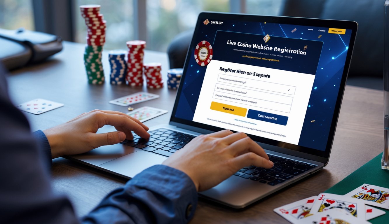 Seseorang sedang mendaftar di situs live casino online menggunakan laptop di meja kerja dengan chip poker dan kartu remi di sekitar.