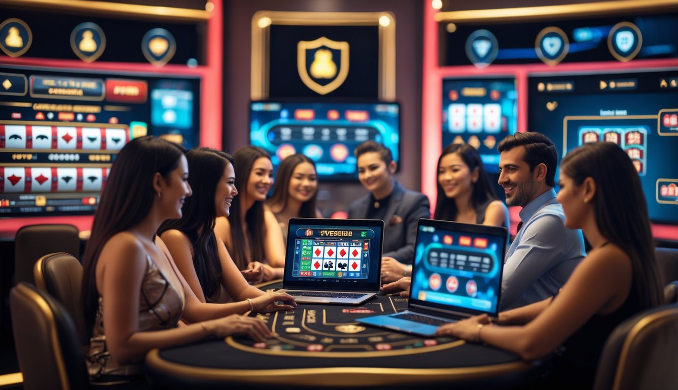 Seorang pemain menggunakan laptop dan ponsel untuk bermain live casino online dengan dealer langsung di layar, di lingkungan kasino digital yang modern dan terang.