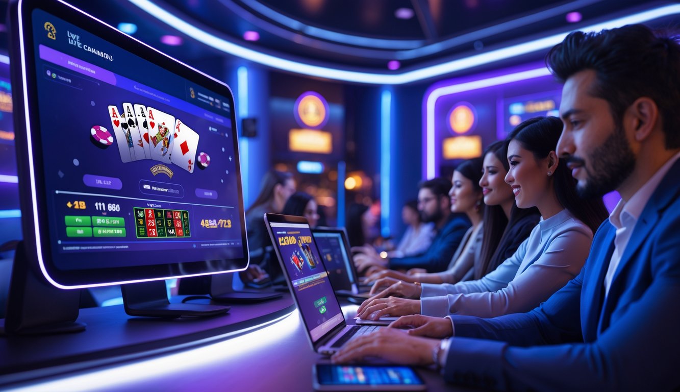 Suasana kasino online dengan dealer langsung dan pemain menggunakan perangkat digital di lingkungan modern dan futuristik.