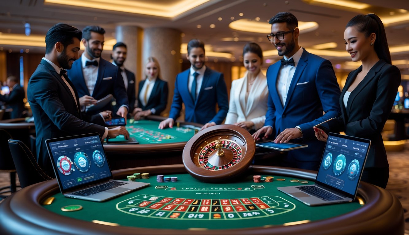 Orang-orang bermain roulette dan blackjack secara online di kasino dengan perangkat modern di lingkungan mewah dan futuristik.