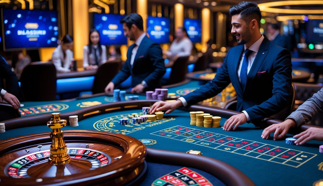 Suasana kasino langsung dengan meja roulette dan blackjack, dealer melayani pemain yang sedang bermain.