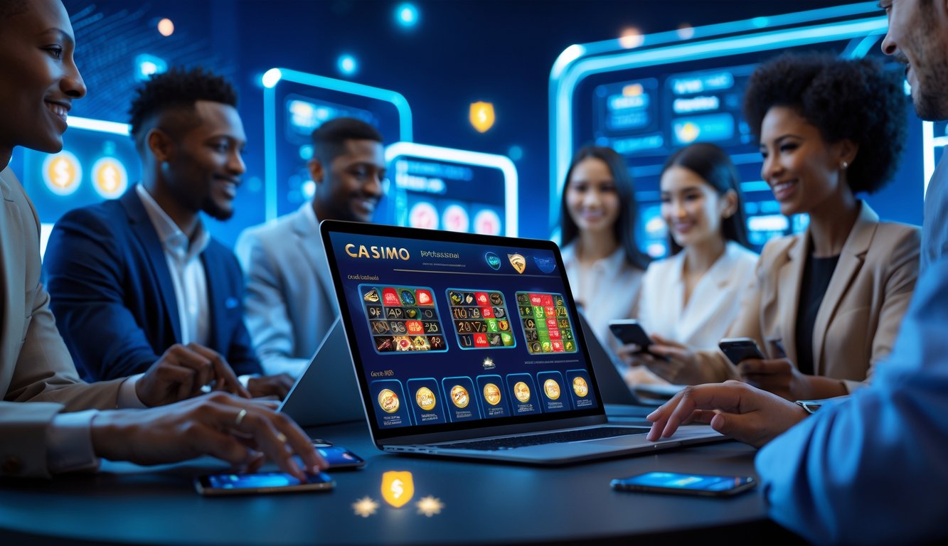 Orang-orang menggunakan perangkat digital untuk bermain kasino online dengan simbol keamanan dan pembayaran cepat di latar belakang.