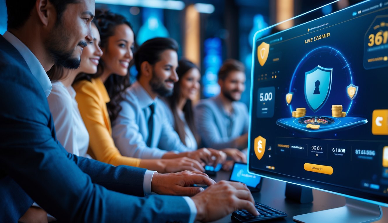 Orang-orang menggunakan perangkat digital untuk bermain kasino langsung online dengan simbol keamanan dan pembayaran cepat di latar belakang.