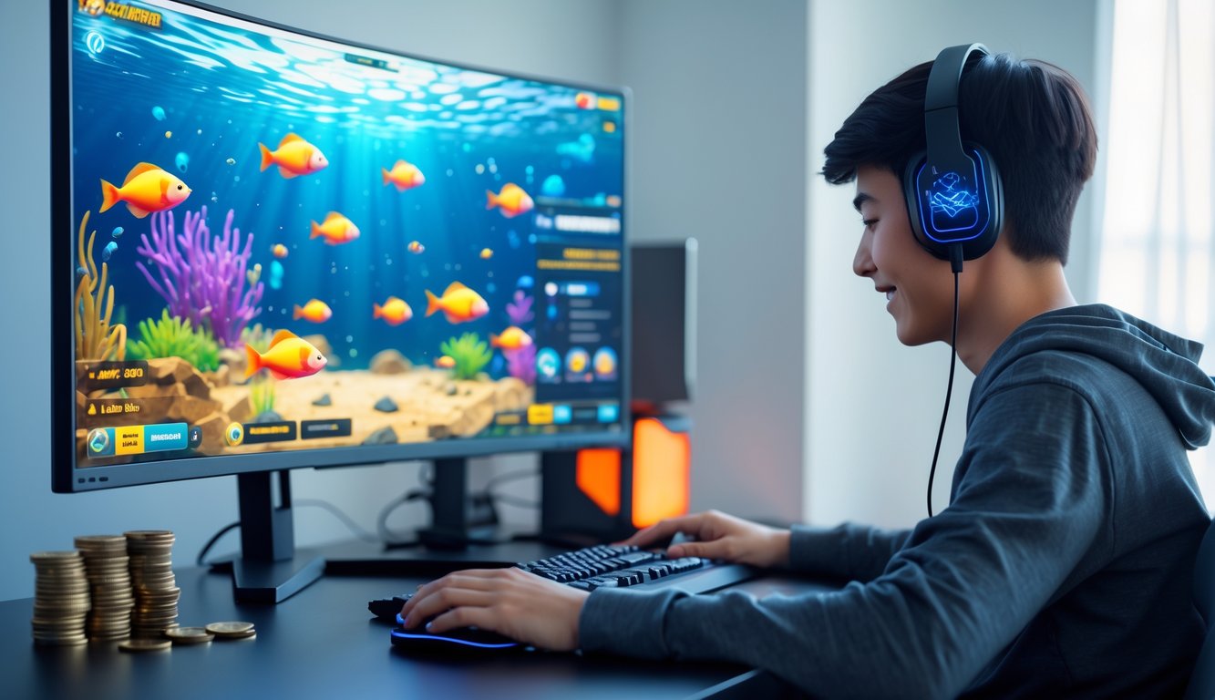 Seorang dewasa muda bermain game tembak ikan online di komputer dengan suasana ruangan yang terang dan modern.
