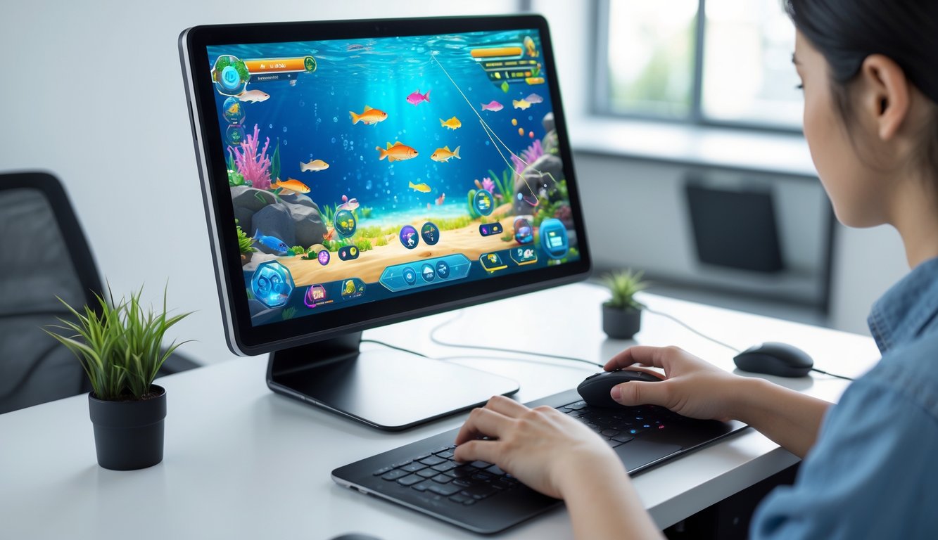 Seseorang bermain permainan tembak ikan online di komputer dengan latar ruang kerja yang rapi dan terang.
