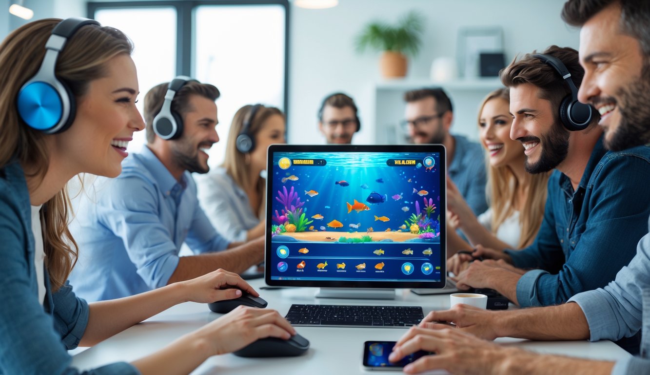 Orang-orang sedang bermain game tembak ikan di komputer dengan latar ruangan modern.