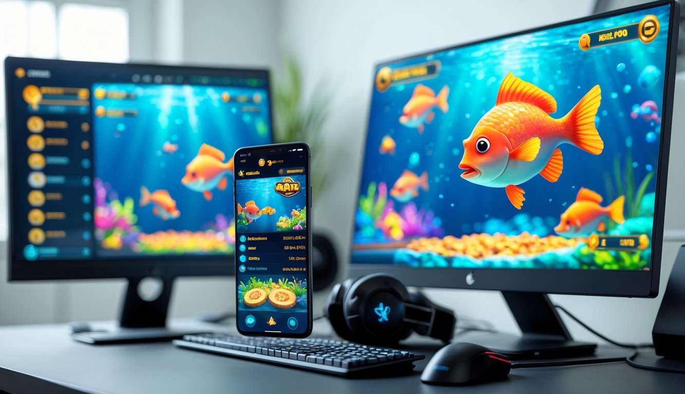 Sebuah meja kerja modern dengan komputer dan ponsel yang menampilkan permainan tembak ikan berwarna-warni di layar.