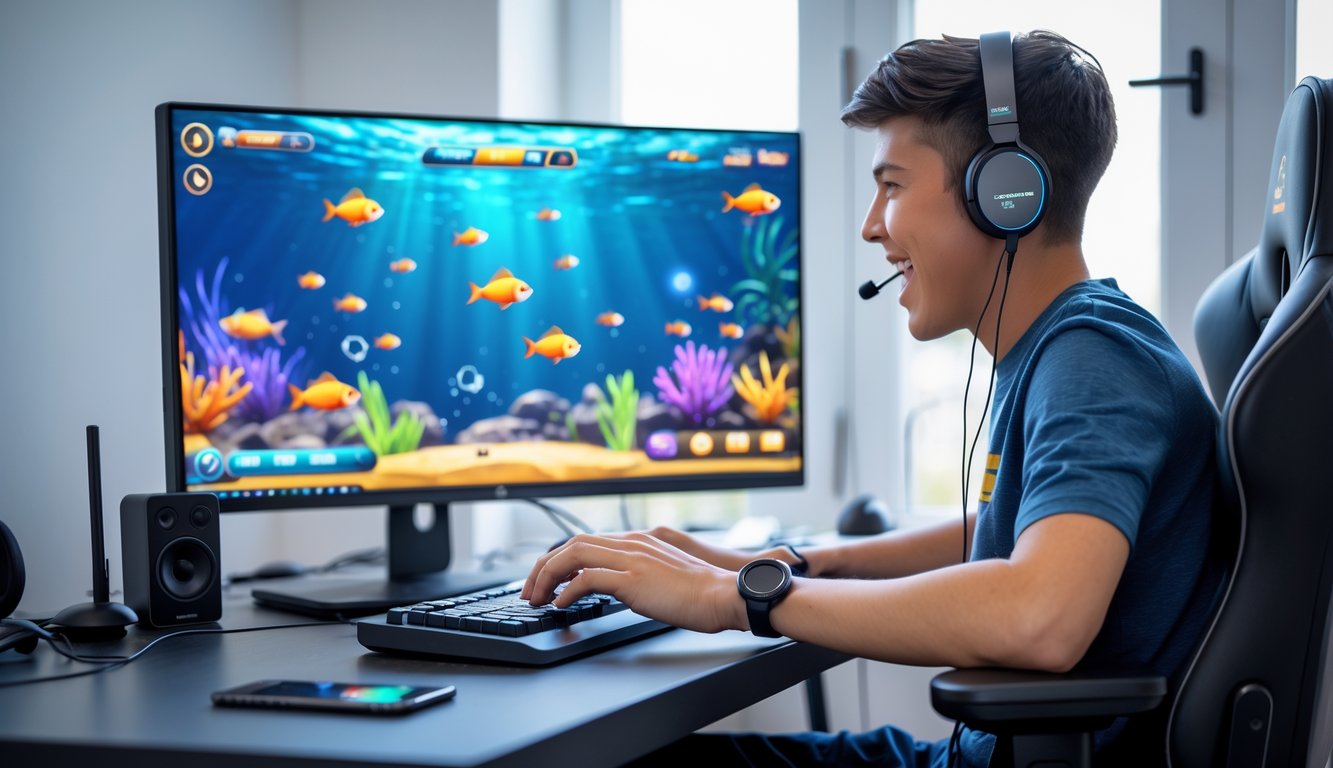 Seorang pemain muda sedang bermain permainan tembak ikan online di depan komputer dengan latar ruangan rumah yang rapi dan terang.