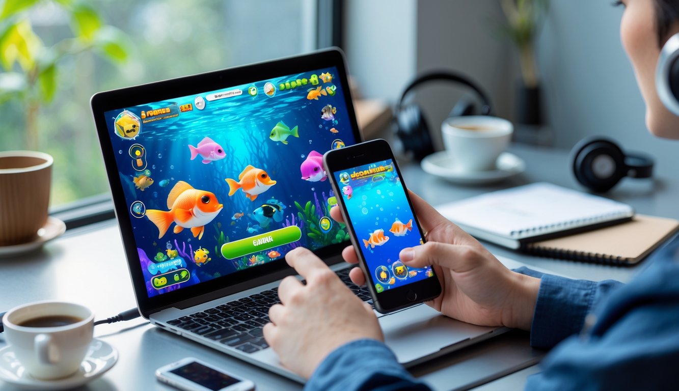 Seseorang menggunakan laptop dan ponsel untuk bermain game tembak ikan dengan latar ruang kerja modern.