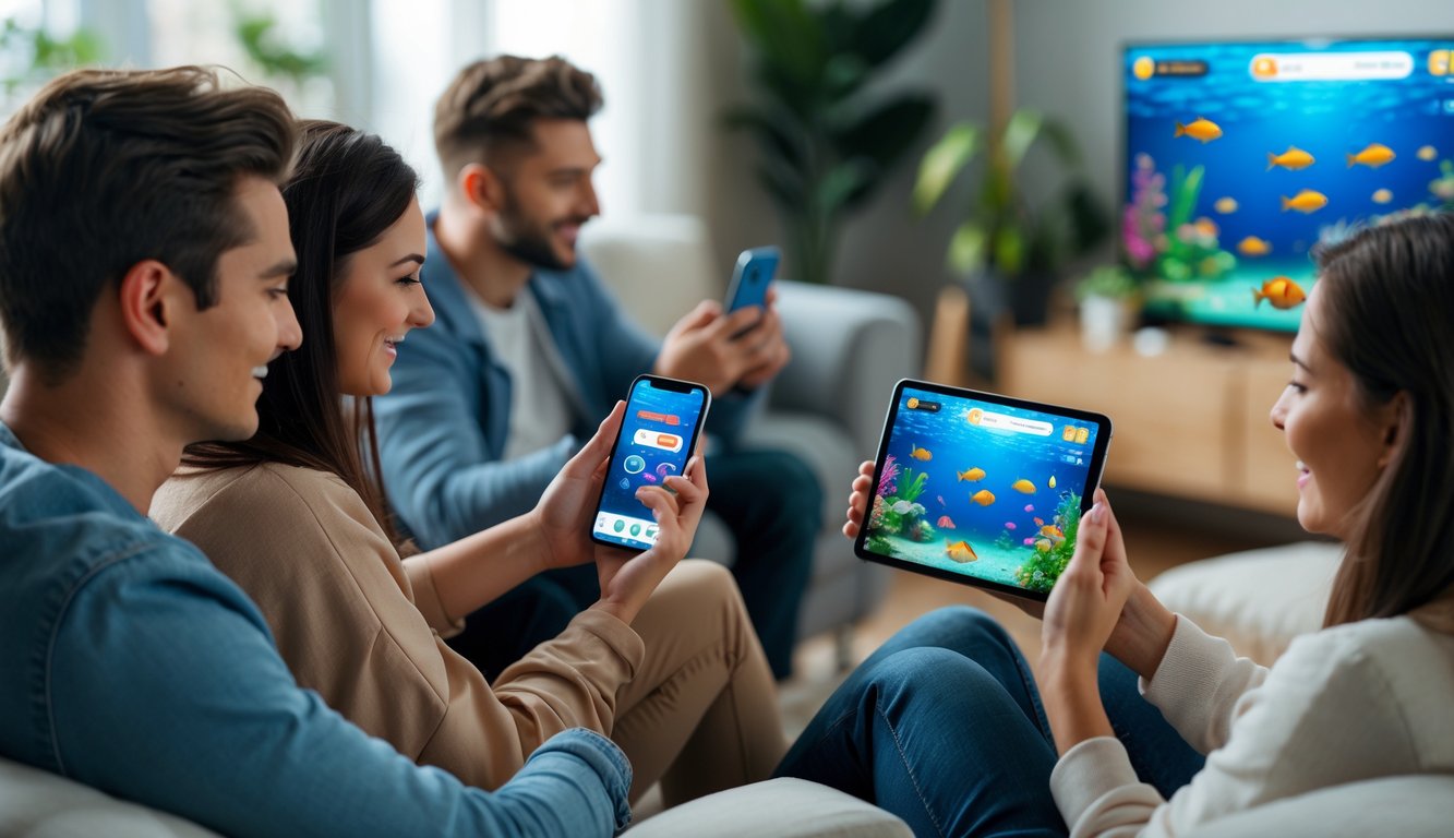 Beberapa orang bermain permainan judi tembak ikan secara online menggunakan ponsel dan tablet di ruang tamu yang nyaman.