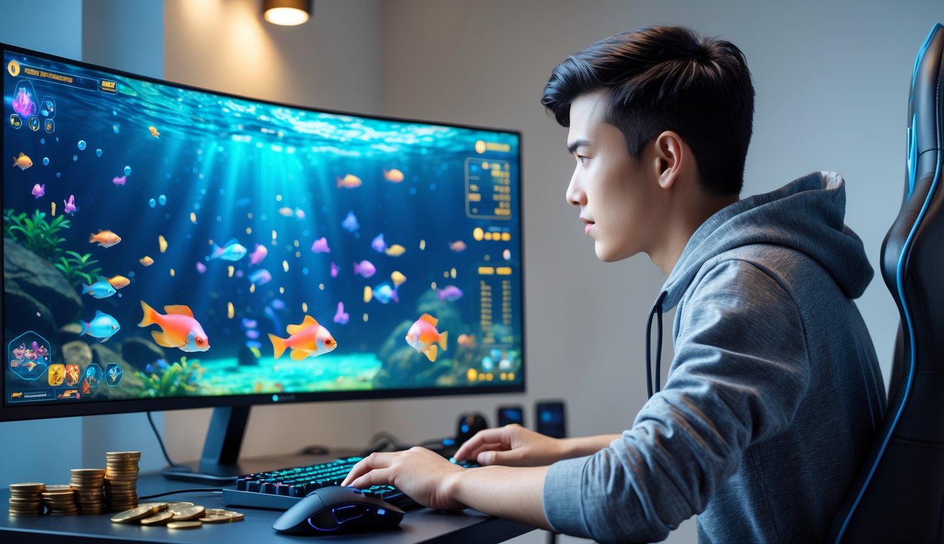 Seorang pria muda fokus bermain game tembak ikan di komputer dengan latar ruangan modern.
