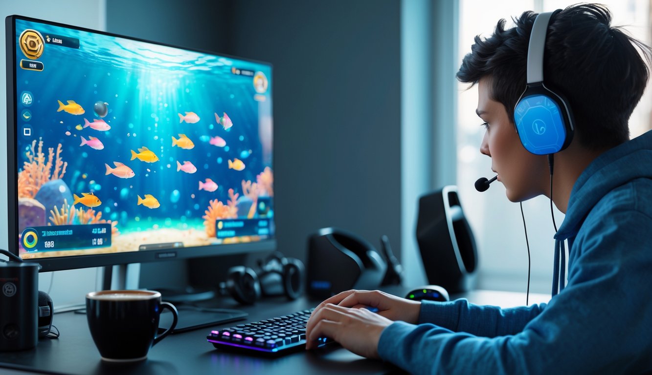 Seorang pemain muda sedang fokus bermain permainan tembak ikan online di depan komputer dengan latar belakang tema bawah laut berwarna-warni.