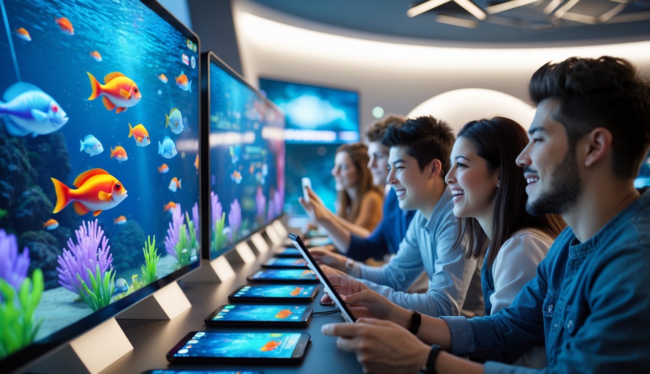 Beberapa orang muda bermain game tembak ikan secara online dengan perangkat digital di ruangan modern.