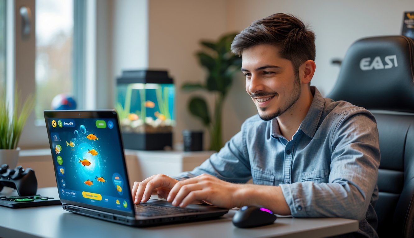Seorang pria muda duduk di meja dengan laptop, sedang bermain permainan tembak ikan secara online di ruangan yang nyaman.
