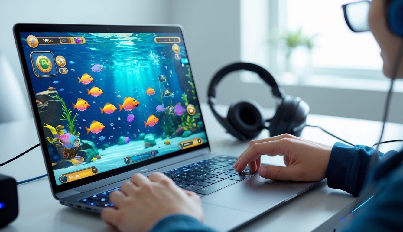Seseorang sedang bermain game tembak ikan di komputer dengan latar ruang kerja yang rapi dan peralatan gaming.