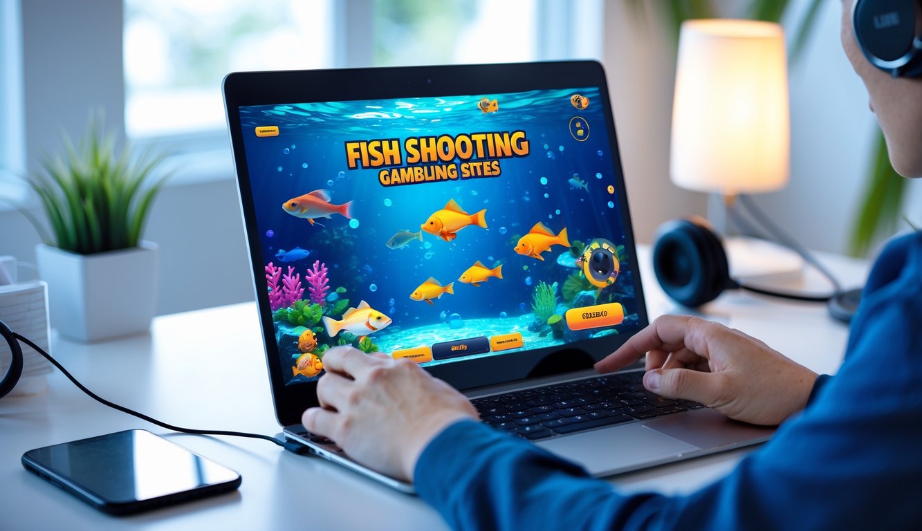 Seseorang sedang bermain game tembak ikan di laptop dengan latar belakang meja kerja yang rapi dan pencahayaan hangat.