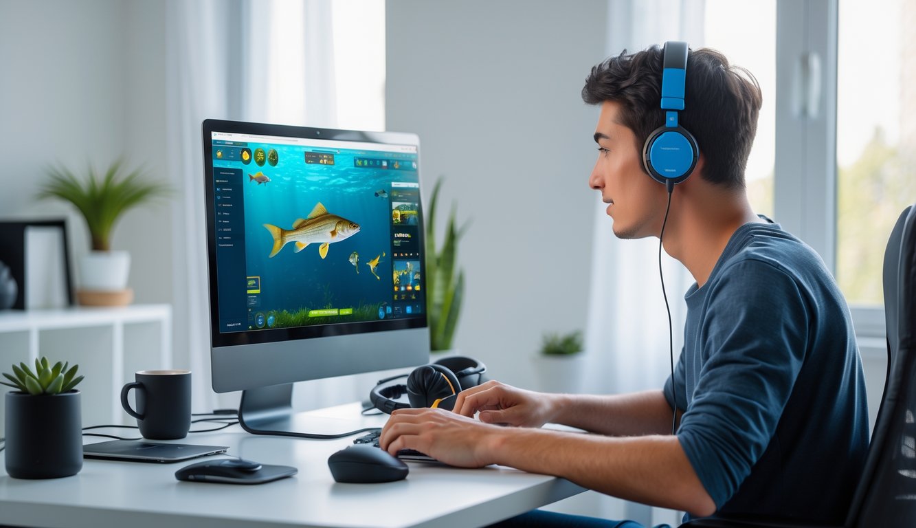 Seorang pria muda duduk di meja dengan laptop, fokus bermain game memancing online di ruangan yang terang dan rapi.