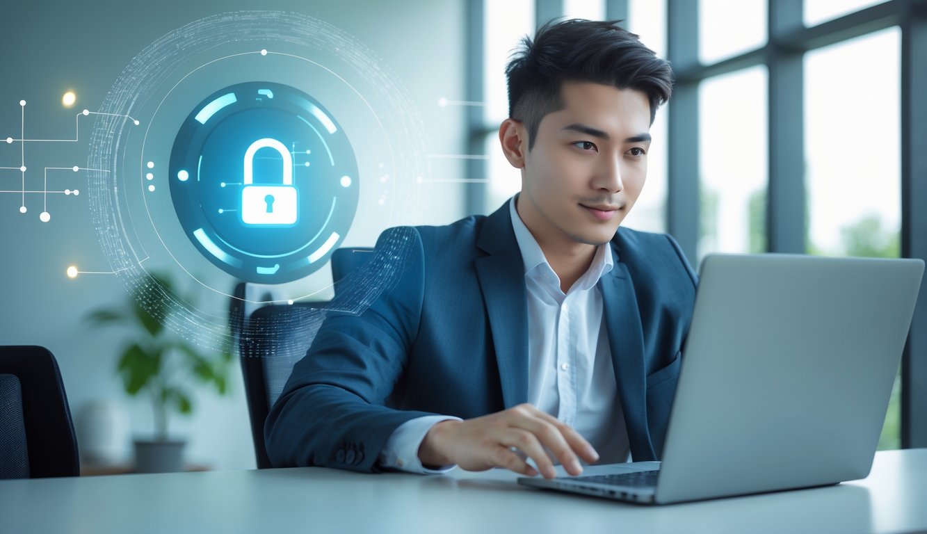 Seorang pria muda duduk di meja modern menggunakan laptop dengan ekspresi fokus, di latar belakang terdapat simbol keamanan digital dan jaringan, menggambarkan keamanan dan legalitas dalam memilih situs judi online.