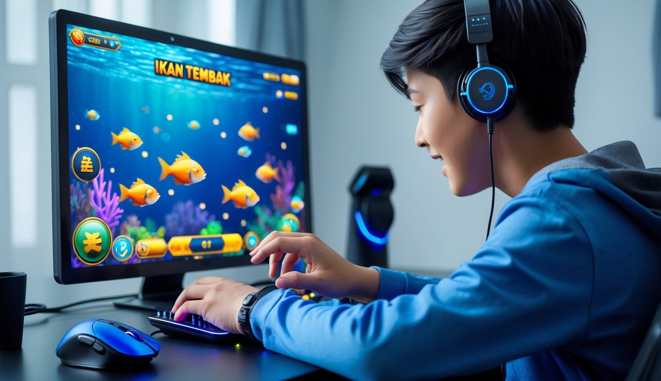 Seorang pemain muda sedang fokus bermain permainan tembak ikan di perangkat digital dengan latar belakang ikan berwarna-warni di layar.