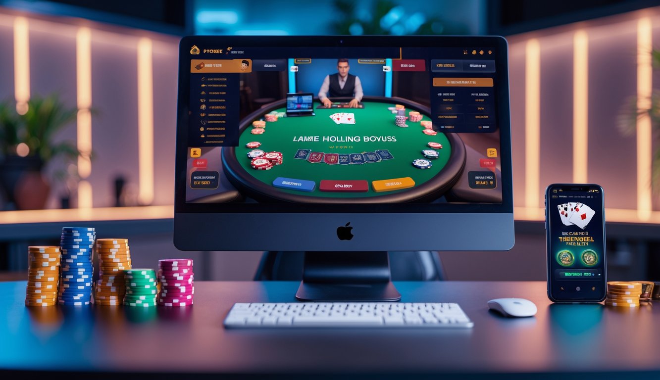 Seseorang bermain poker online di depan komputer dengan tumpukan chip poker dan ponsel yang menampilkan aplikasi poker.
