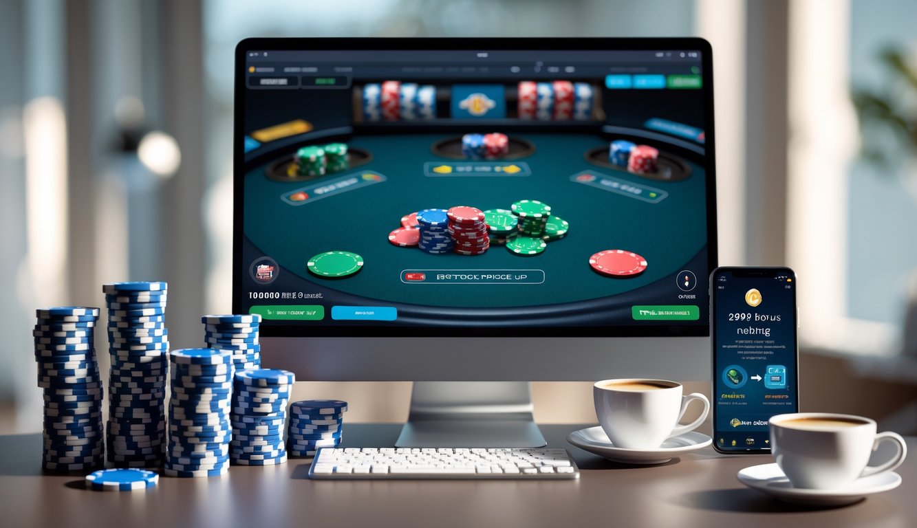 Meja kerja dengan komputer yang menampilkan permainan poker online, tumpukan chip poker, dan ponsel di sampingnya.