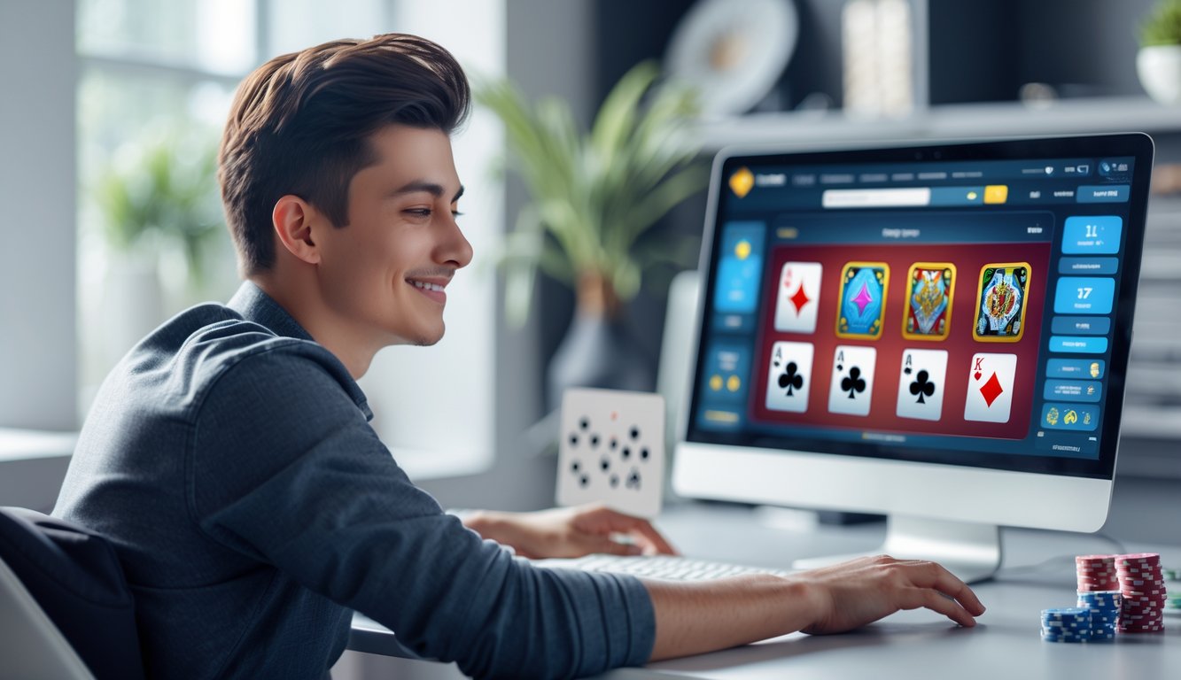 Seorang dewasa muda duduk di meja modern bermain poker online dengan laptop di ruang kerja yang rapi dan terang.