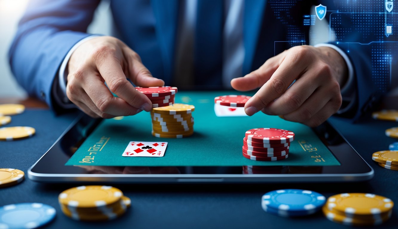 Tangan seseorang memegang chip poker dan kartu di depan layar laptop yang menampilkan meja poker online.