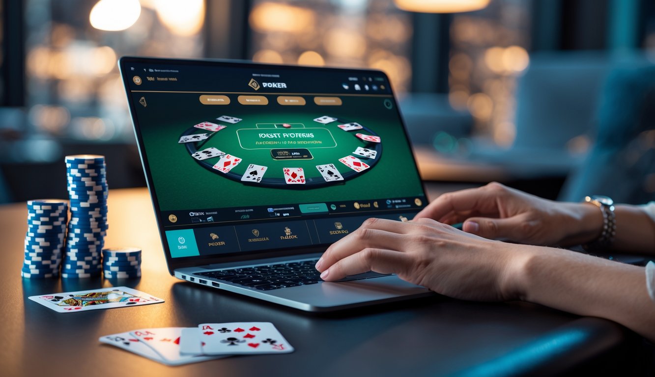 Seseorang bermain poker online di laptop dengan tumpukan chip dan kartu di meja.