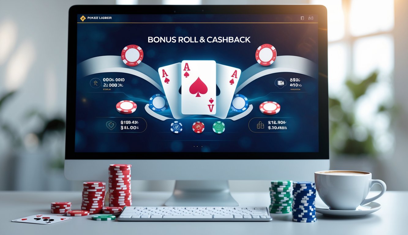Sebuah meja dengan perangkat digital yang menampilkan permainan poker online, dikelilingi oleh chip poker dan kartu bermain.