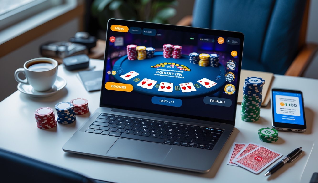 Sebuah laptop yang menampilkan permainan poker online dengan tumpukan chip poker dan smartphone di atas meja kerja yang rapi.