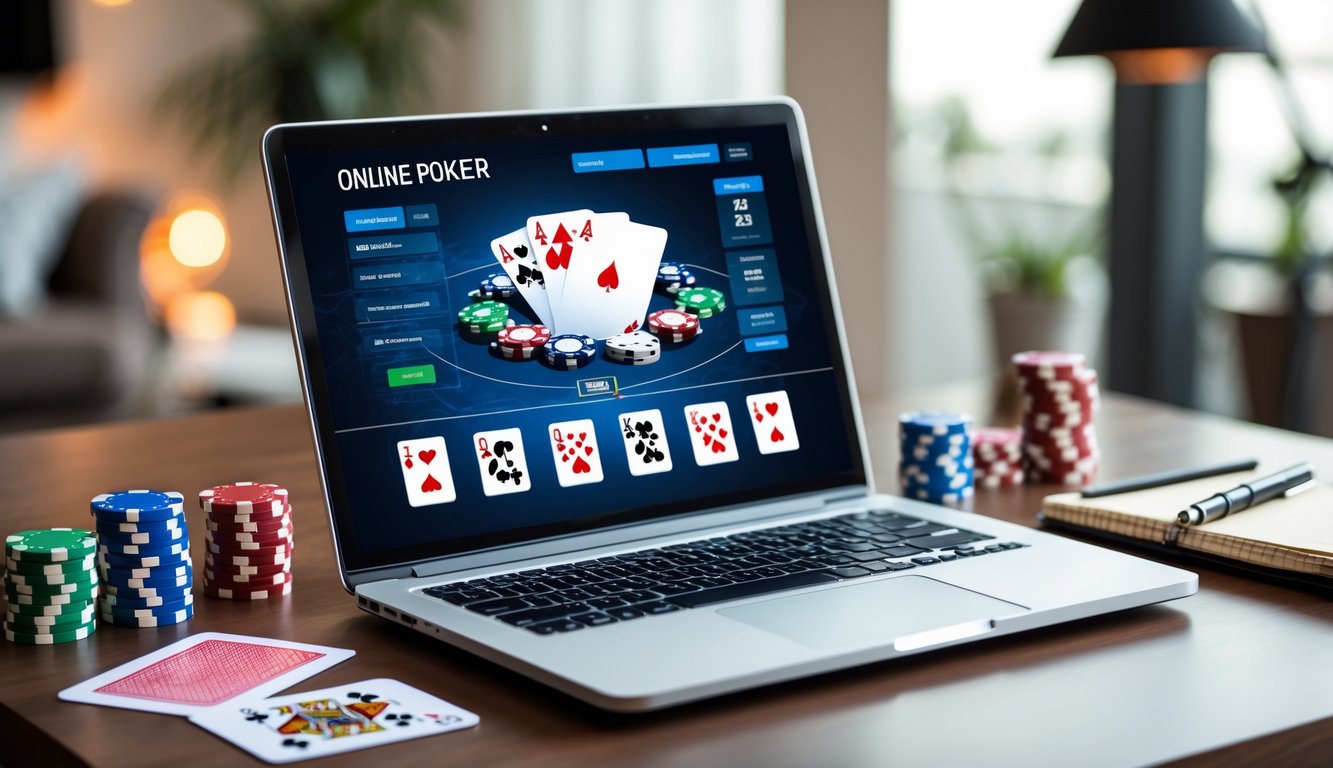 Seorang pemain poker online menggunakan laptop dengan chip poker dan kartu bermain di meja.