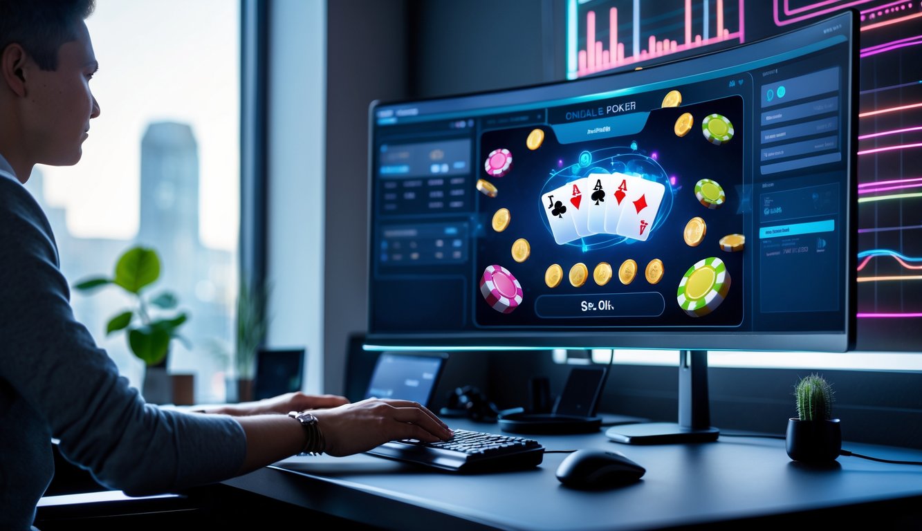 Tangan seseorang sedang bermain poker online di komputer dengan tumpukan chip dan kartu di layar, di ruang kerja modern dengan pencahayaan alami.