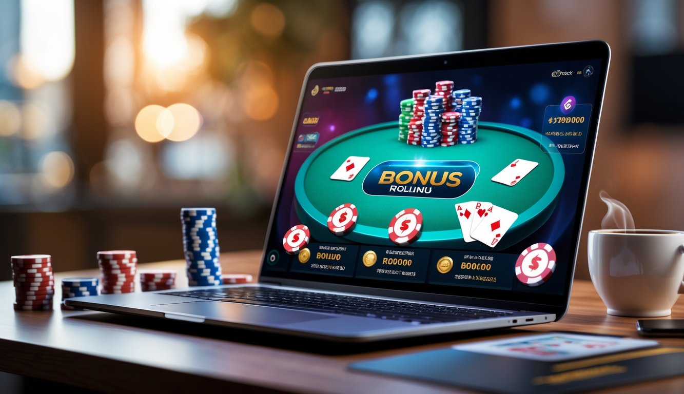 Sebuah meja kerja dengan laptop yang menampilkan permainan poker online, tumpukan chip poker, kartu bermain, dan ponsel dengan notifikasi bonus, diatur secara rapi dengan latar belakang yang samar.