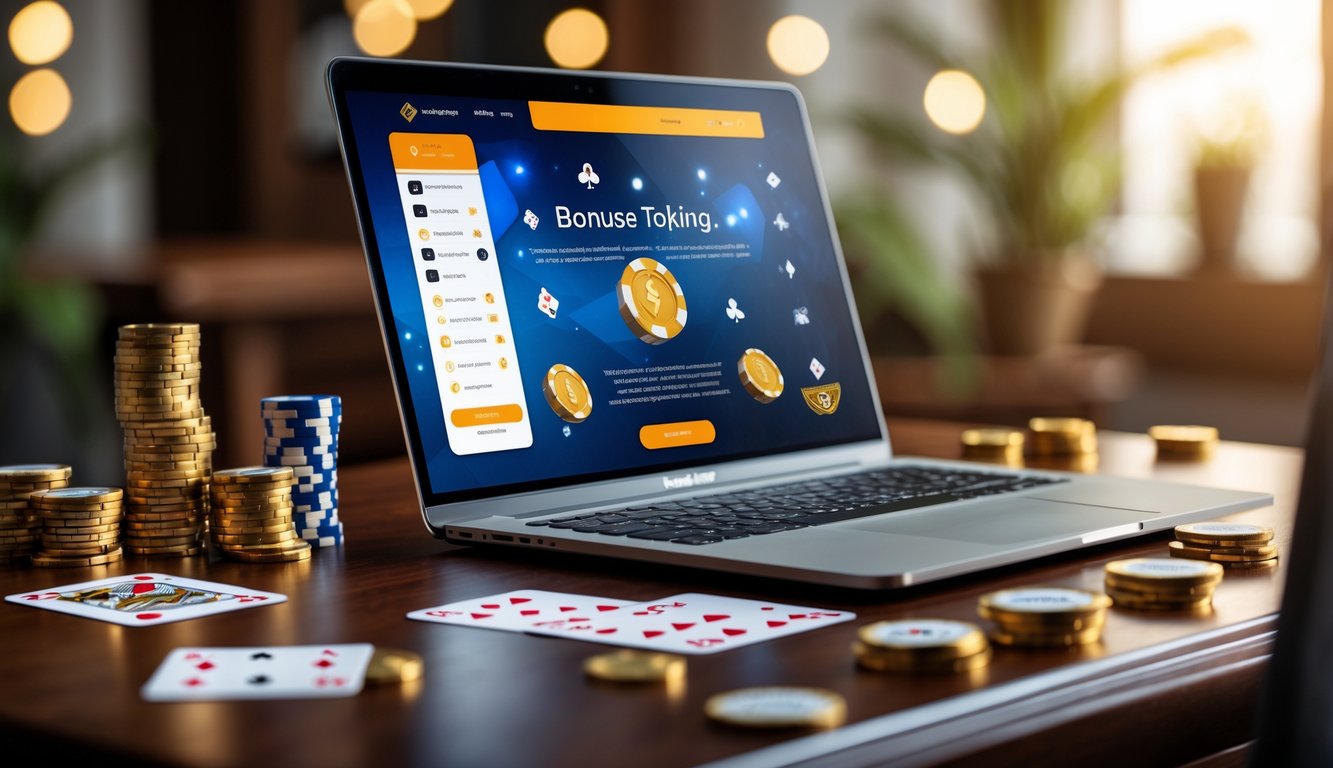 Seorang pemain duduk di depan komputer dengan layar menampilkan situs poker online, di meja terdapat tumpukan chip poker dan kartu remi.