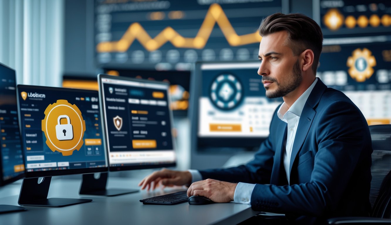 Seorang pria berpakaian rapi duduk di depan beberapa layar komputer yang menampilkan permainan poker online dan grafik bonus di sebuah kantor modern.