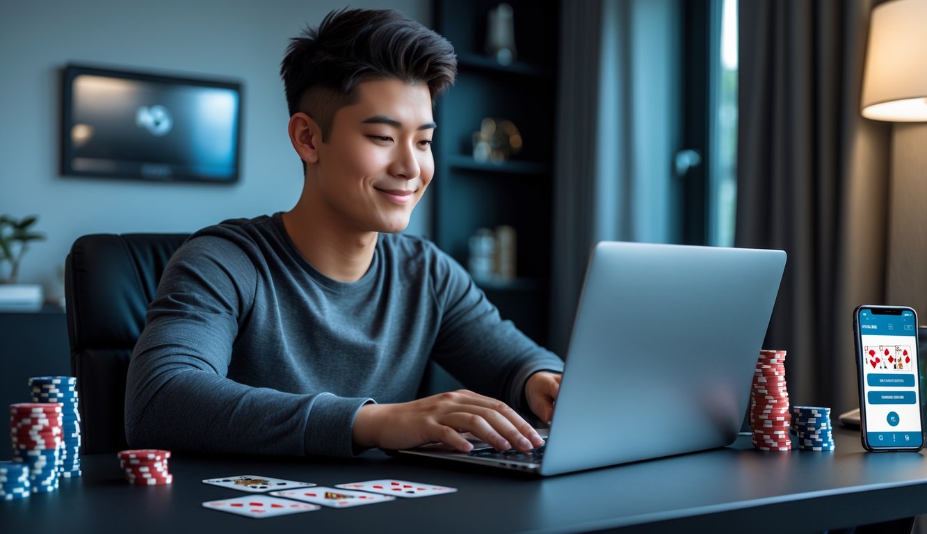 Seorang dewasa muda duduk di meja modern sambil bermain poker online di laptop dengan kartu dan chip poker di sekitar.
