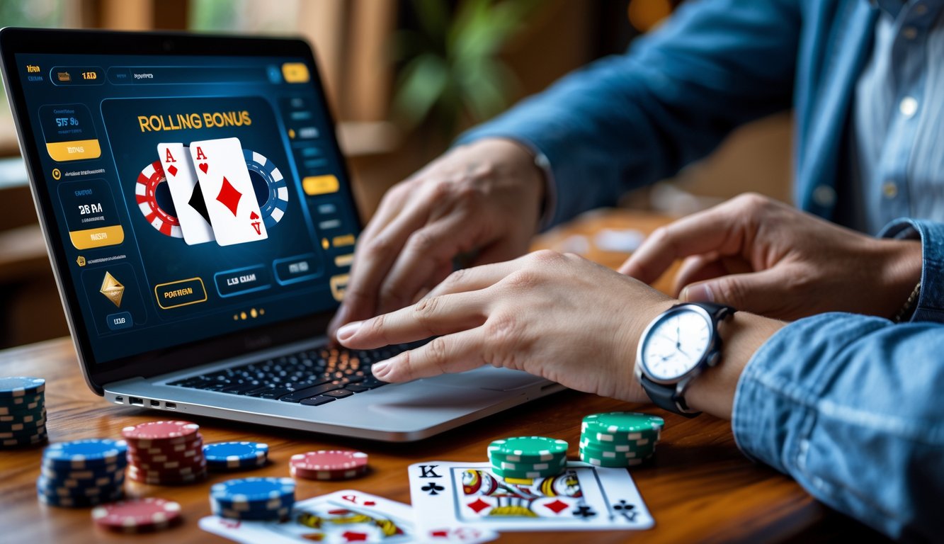 Seorang pemain menggunakan laptop dengan permainan poker online di layar, dikelilingi oleh tumpukan chip poker dan kartu remi di atas meja kayu.