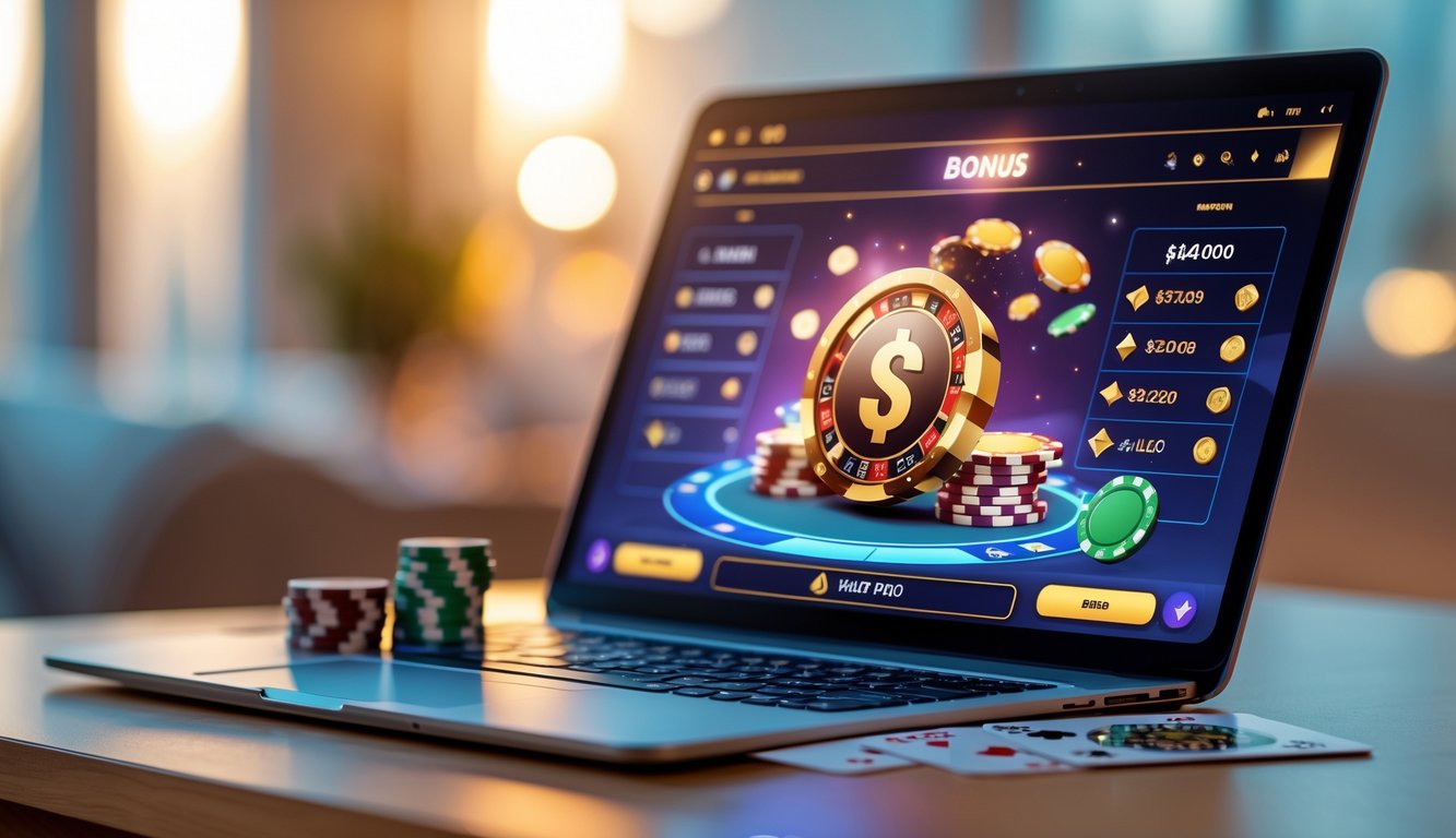 Seorang pemain poker online menggunakan laptop dengan chip dan kartu poker di meja, menunjukkan suasana taruhan yang aman dan menyenangkan.