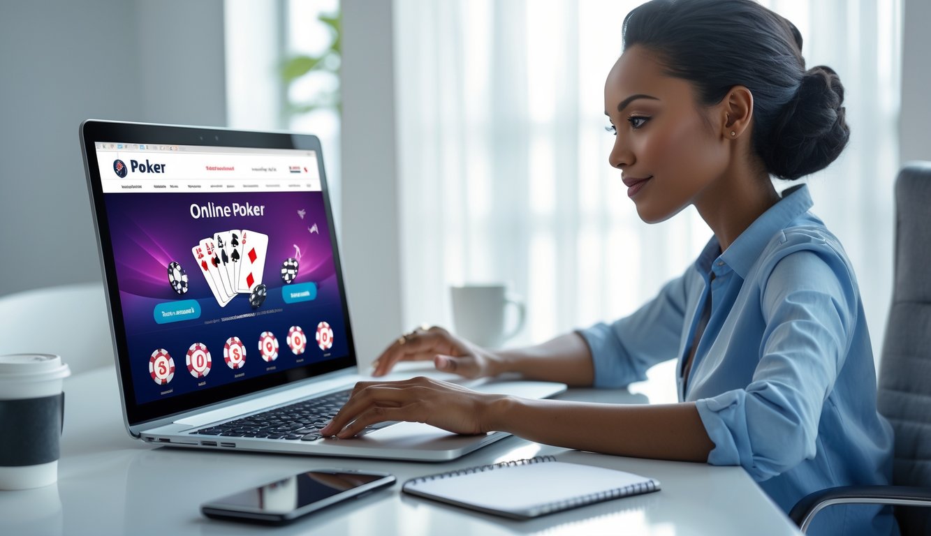 Seseorang duduk di meja modern menggunakan laptop dengan tampilan permainan poker online, menunjukkan suasana taruhan yang aman dan terpercaya.