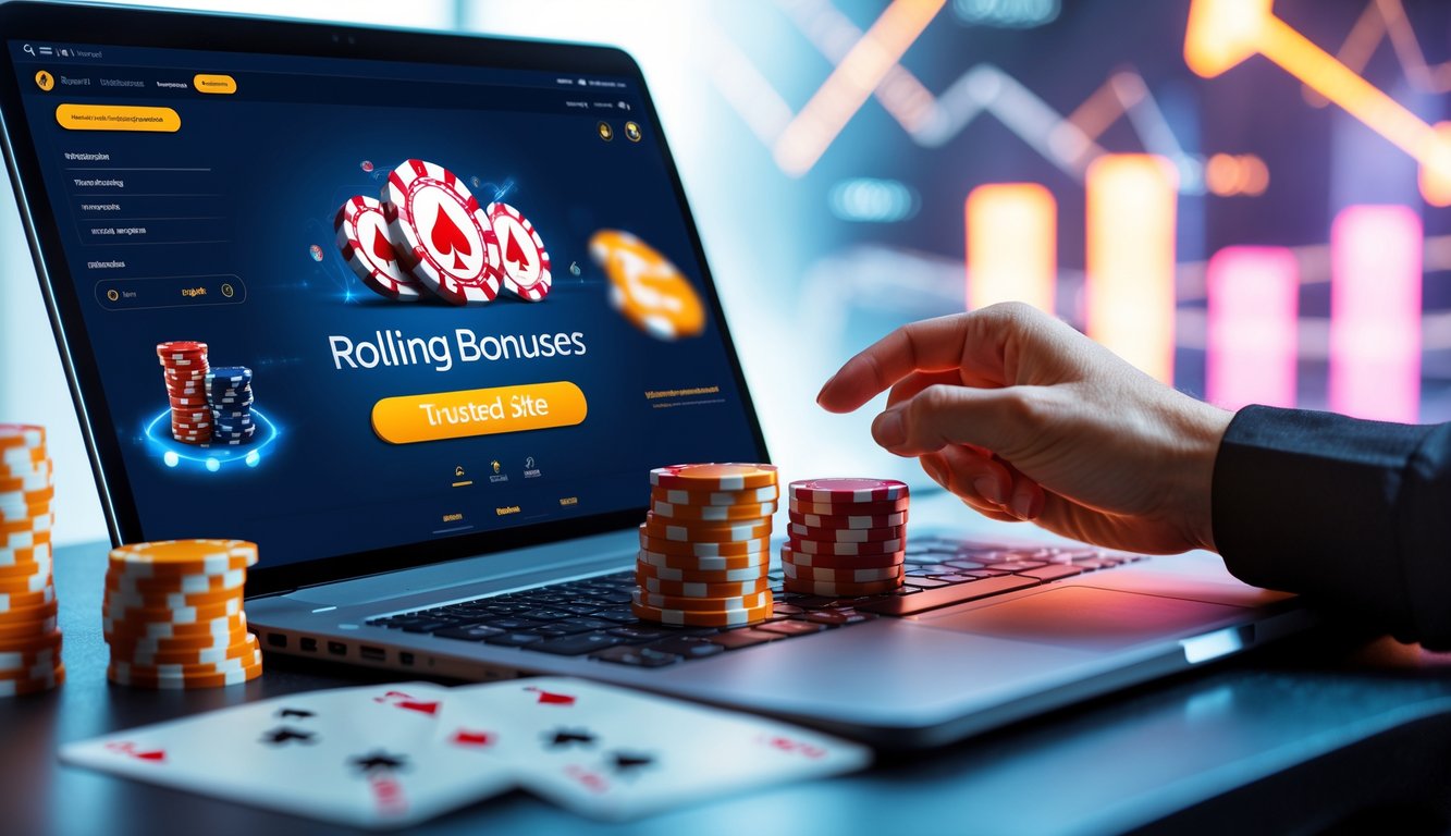 Seseorang bermain poker online di depan laptop dengan tumpukan chip poker dan kartu di meja.