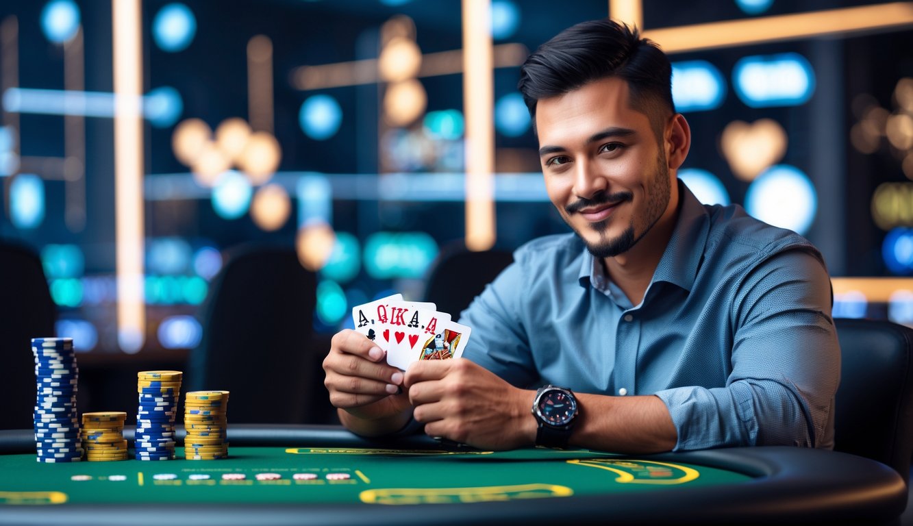 Seorang pria duduk di meja poker modern dengan kartu dan tumpukan chip, terlihat fokus dan percaya diri di lingkungan permainan online.