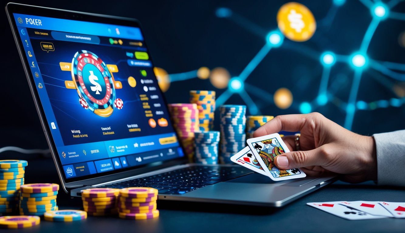 Seseorang bermain poker online dengan laptop dan tumpukan chip poker di meja.