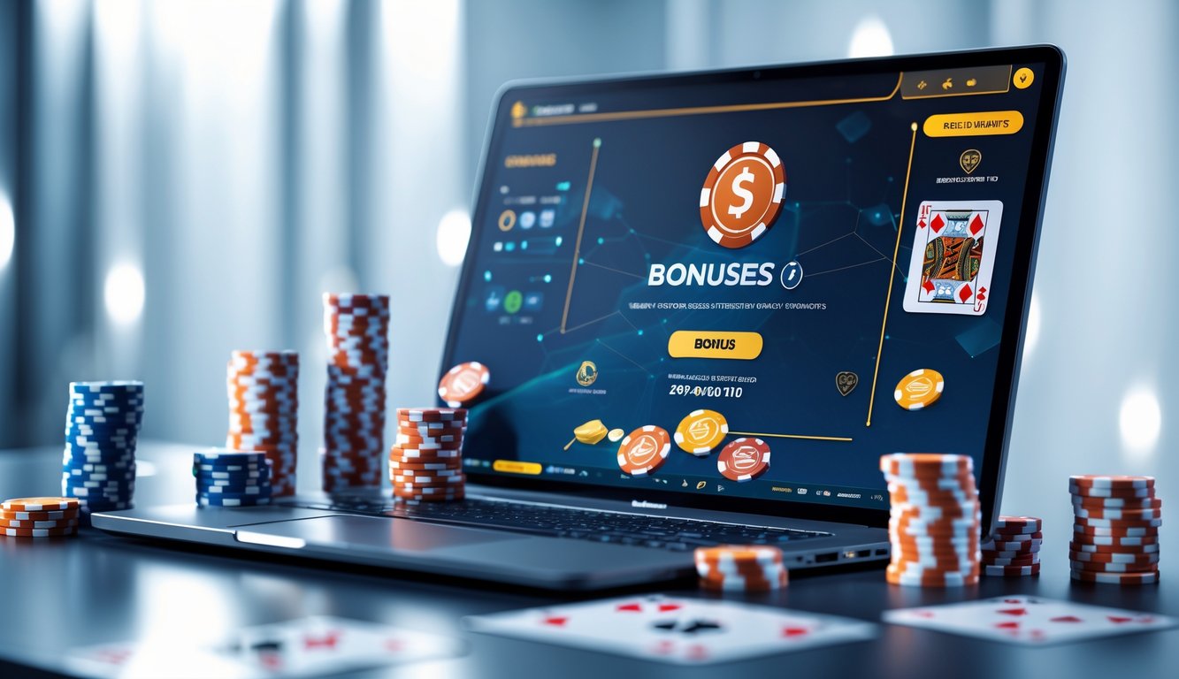 Suasana permainan poker online dengan komputer, tumpukan chip poker, kartu bermain, dan indikator bonus di layar.