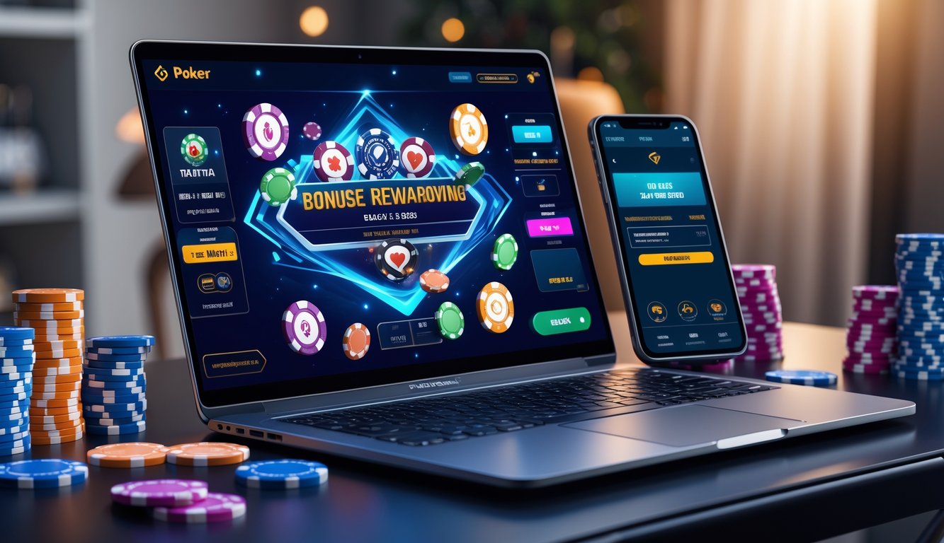 Seorang pemain poker online menggunakan laptop dengan tumpukan chip poker dan ponsel di meja, menampilkan suasana permainan poker yang menarik.